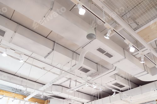 Preview: Ventilation ducts system painted in white composition of fire protection under the ceiling