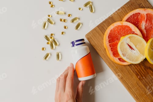 Preview: vitamin box in hand and pills overhead view with citrus on white background