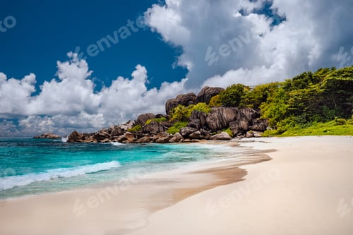 Preview: Grand anse sandy beach with azure ocean lagoon, La Digue island, Seychelles