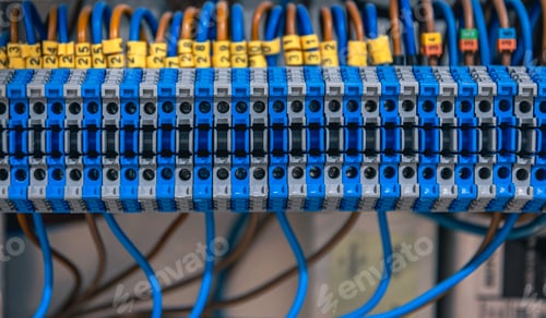 Preview: Electrical panel with fuses and contactors, close-up.
