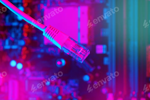 Preview: Modern technology network cable in neon light.