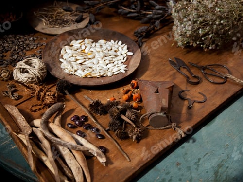 Visualização: Coletar e armazenar a colheita do jardim para o inverno, sementes secas e vegetais.