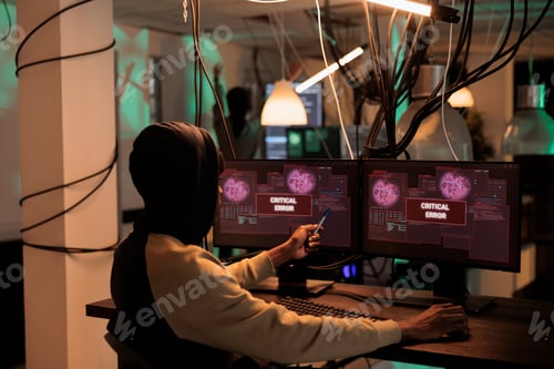 Preview: Cyberattack alert message on computer screen, hacker stealing password