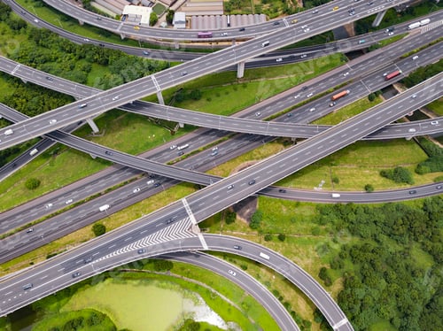 Preview: Aerial view of highway junctions. Bridge roads shape in structure. Top view. Urban city