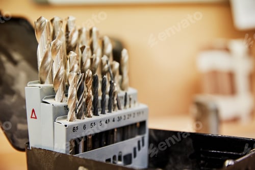 Preview: A furniture workshop. Drill bits arranged in a box neatly.