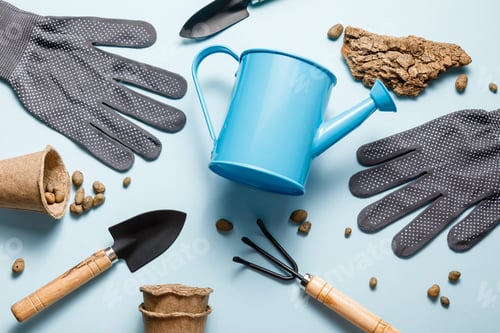 Preview: Garden tools on blue background. Spring garden works concept.