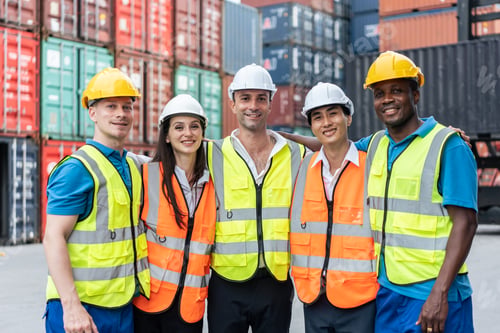 Preview: Portrait group of male and female worker working in container terminal.