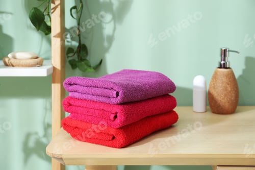 Preview: Fresh colorful terry towels and hygiene products on wooden table in bathroom
