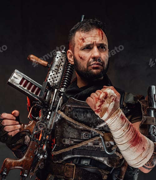 Preview: Apocalyptic suvivor holding shotgun in dark background