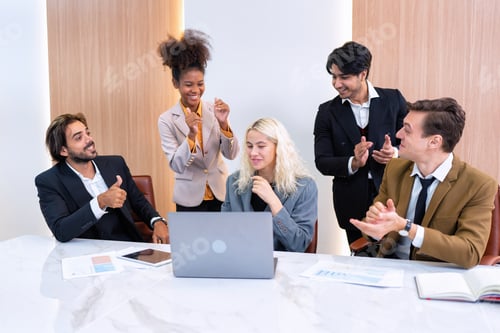 Preview: Employee on job corporate Business colleagues around the table making strong business team