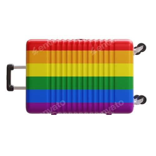 Preview: Rainbow colors suitcase isolated on white. Travel and vacation concept.