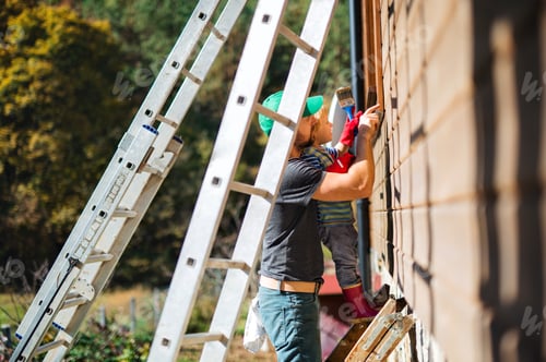 Preview: A father and toddler boy outdoors in summer, painting wooden house.