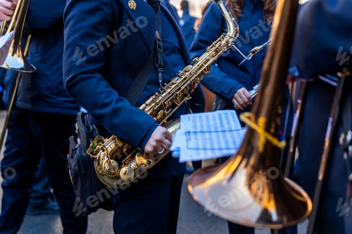 Preview: Wind instrument music band making music on the street.