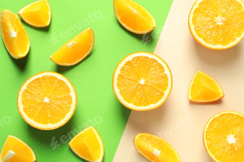 Preview: Flat lay composition with ripe oranges on color background