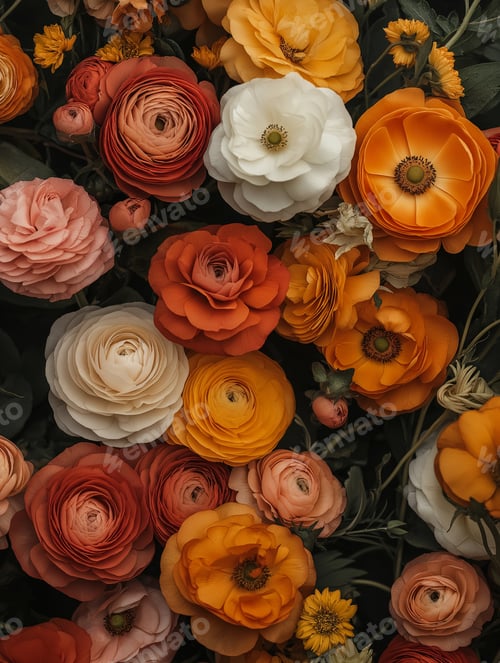Preview: Bouquet of colourful blooming ranunculus