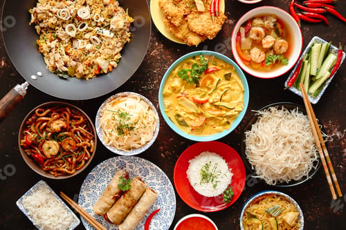 Preview: Asian oriental food composition in colorful dishware