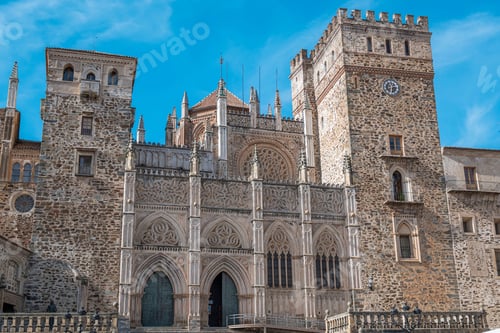 Preview: Majestic and beautiful main facade of the Royal Monastery of Guadalupe and Gothic style, Spain