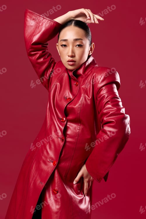 Preview: Fashion asian brunette wearing a red leather coat posing in front of a red background photo