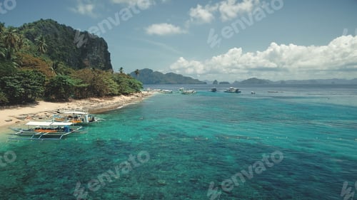Preview: Aerial view of sea bay coast turquoise water with transport: passenger boats, vessels at sand beach
