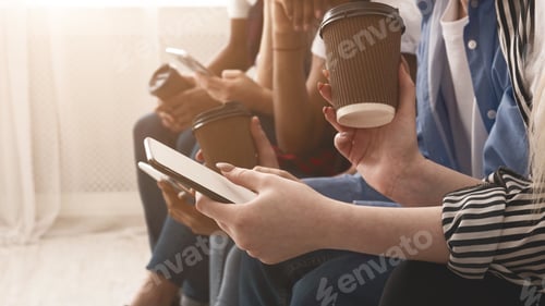 Preview: Gadget addicted generation. Teens using phones, free space