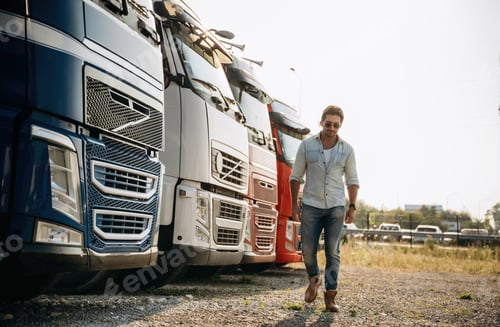Preview: Many of the trucks are parked. driver is near the transport outdoors