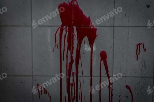 Preview: Blood on the wall ceramic in house of ruin background, Halloween festival nightmare concept.