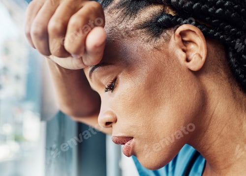 Preview: Doctor, black woman burnout and anxiety in hospital, workplace and tired in healthcare job, stress