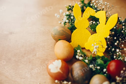 Preview: Stylish easter eggs and yellow bunny on rustic wooden table