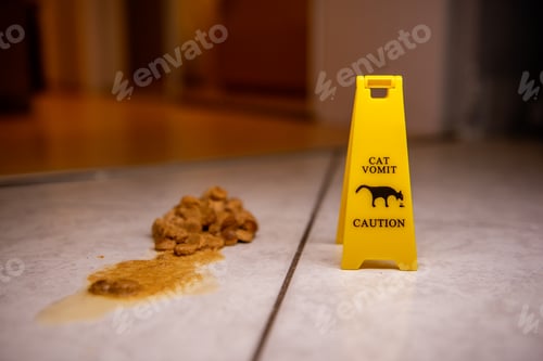 Preview: Cat vomit caution sign on tiled floor
