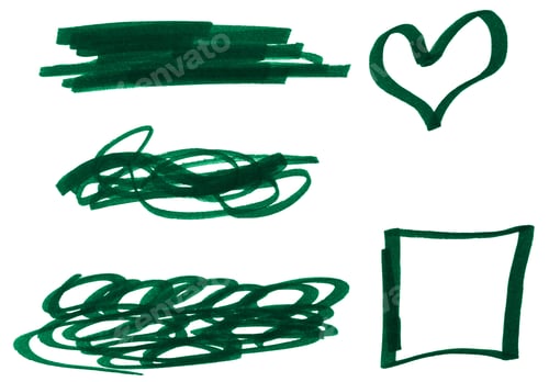 Preview: Various shapes and doodles drawn with a green marker on a white isolated background