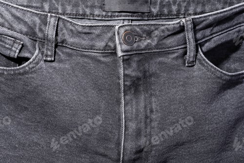 Preview: Gray jeans front view with blank white label, metal button and close up denim texture.