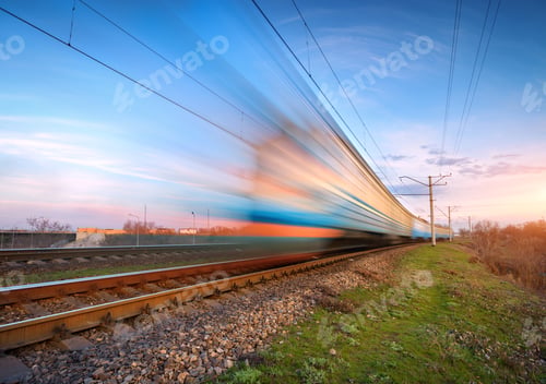 Preview: High speed blue passenger train in motion