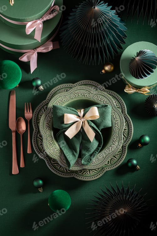 Preview: Beautiful dark green table set for Christmas with gifts.