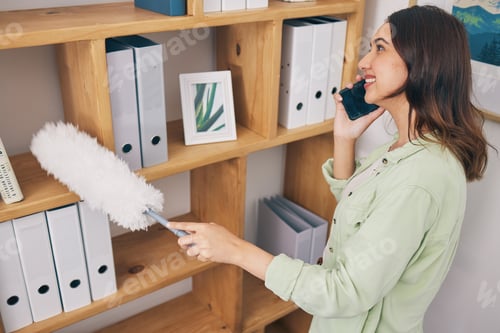 Preview: Cleaning, phone call and dust with woman in office for housekeeping service, communication and sani