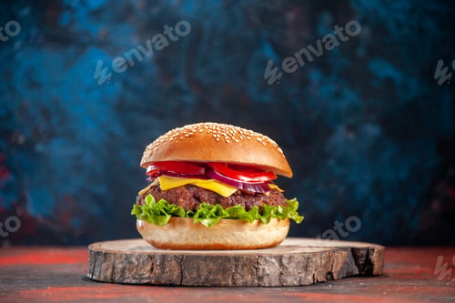 Preview: front view tasty cheeseburger with meat tomatoes and green salad on dark blue background sandwich