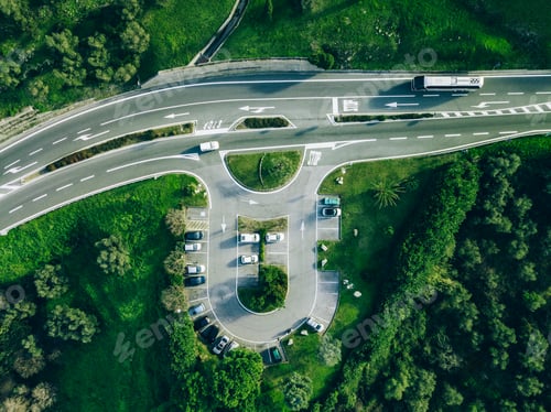 Preview: Aerial view of parking lot and asphalt road with cars in Italy.