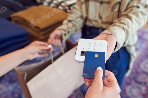 Preview: Woman In Clothing Store Making Contactless Payment At Sales Desk Holding Credit Card To Reader
