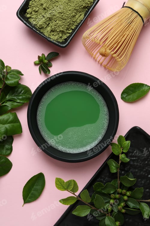 Preview: Concept of japanese tea with matcha on pink background