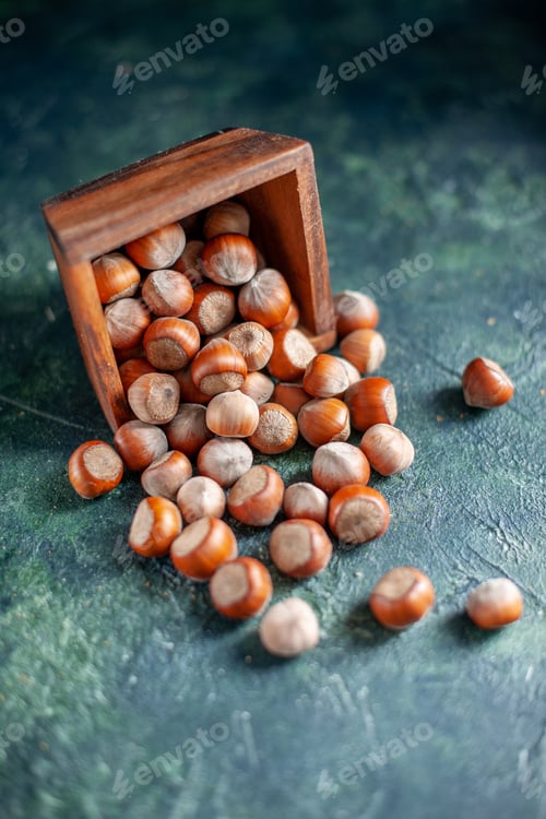 Preview: front view fresh hazelnuts on the dark-blue background shell nut photo walnut peanut color snack