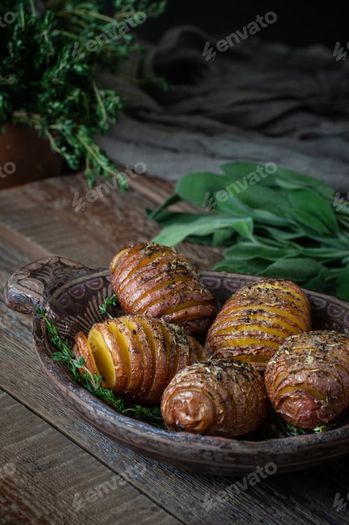 Preview: Whole baked potatoes with thyme in a wooden plate on an old rust