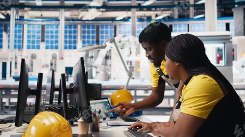 Preview: Team of black technicians finetuning the solar panels manufacturing at the plant