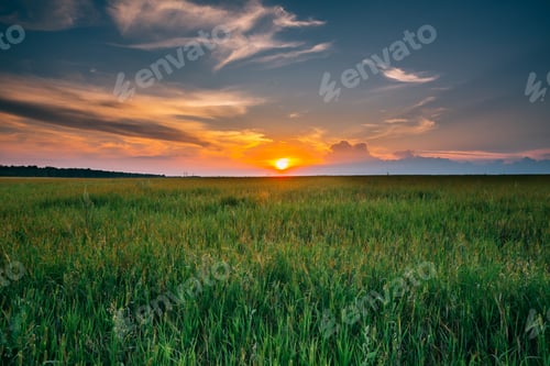 Preview: Summer Sunset Evening Sky Above Countryside Rural Meadow Landsca