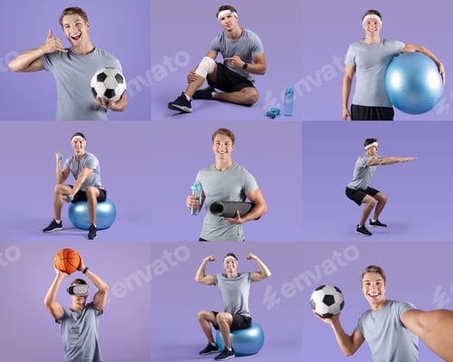 Preview: Young man engaging in diverse fitness activities in a vibrant studio environment