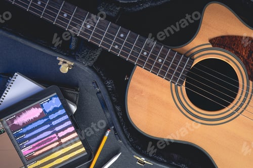 Preview: Acoustic guitar and digital tablet with a music application, top view.