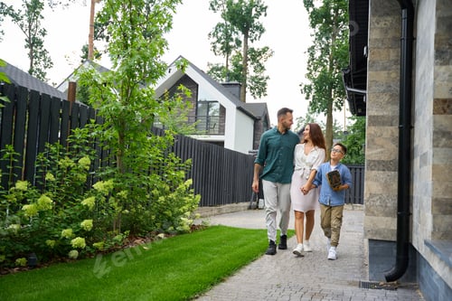 Preview: Parents and their son walk along path near country house