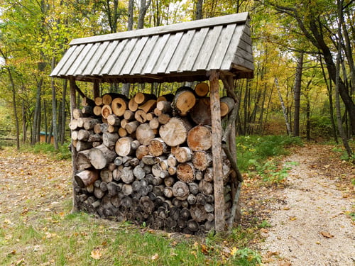 Preview: Firewood for heating is stacked under a wicker fence under a tree