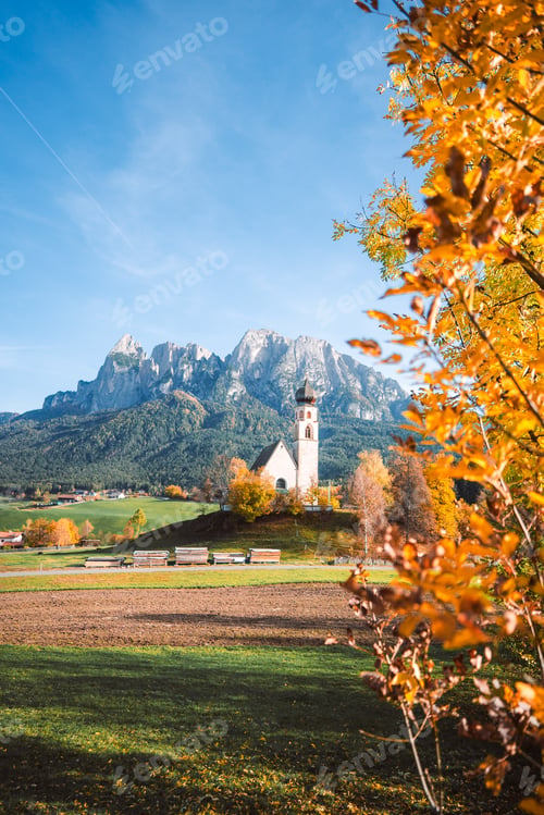Preview: Bright photo of St. Constantine church in Dolomites, Trentino Alto Adige Italy