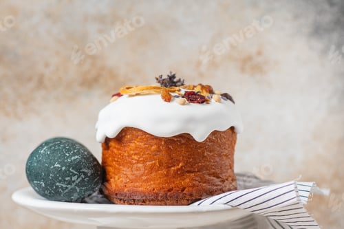 Preview: Easter Holiday Table Decoration Serving Easter Cake And Eggs Portion On The Table Healthy Meal Top