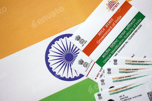Preview: Indian Aadhaar card from Unique Identification Authority of India on Indian flag