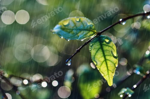 Preview: Water drops on leaf and twig on a rainy day